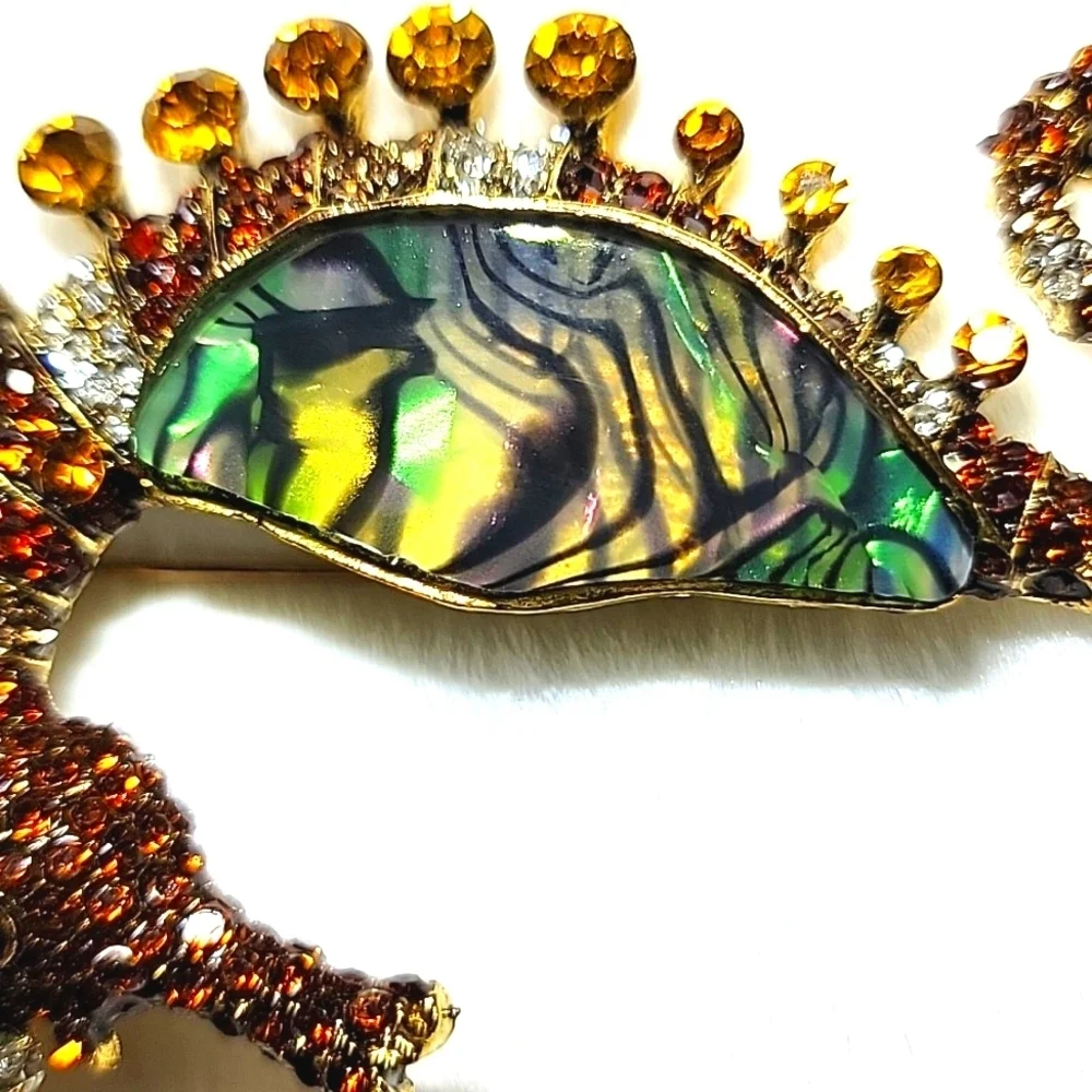 Fabulous Amber Colored Rhinestone & Abalone Sea Horse Gold Tone Brooch Pin